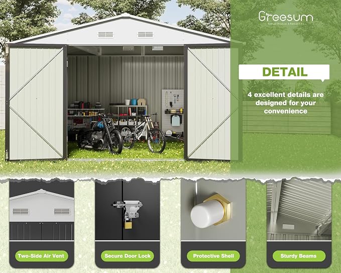 Greesum 10x10FT Outdoor Storage Shed, Utility Tool Shed Metal Storage Shed - Image 5