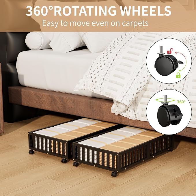 Bamboo Under Bed Storage with Wheels, Rolling Underbed Shoe Organizer Box - Image 7