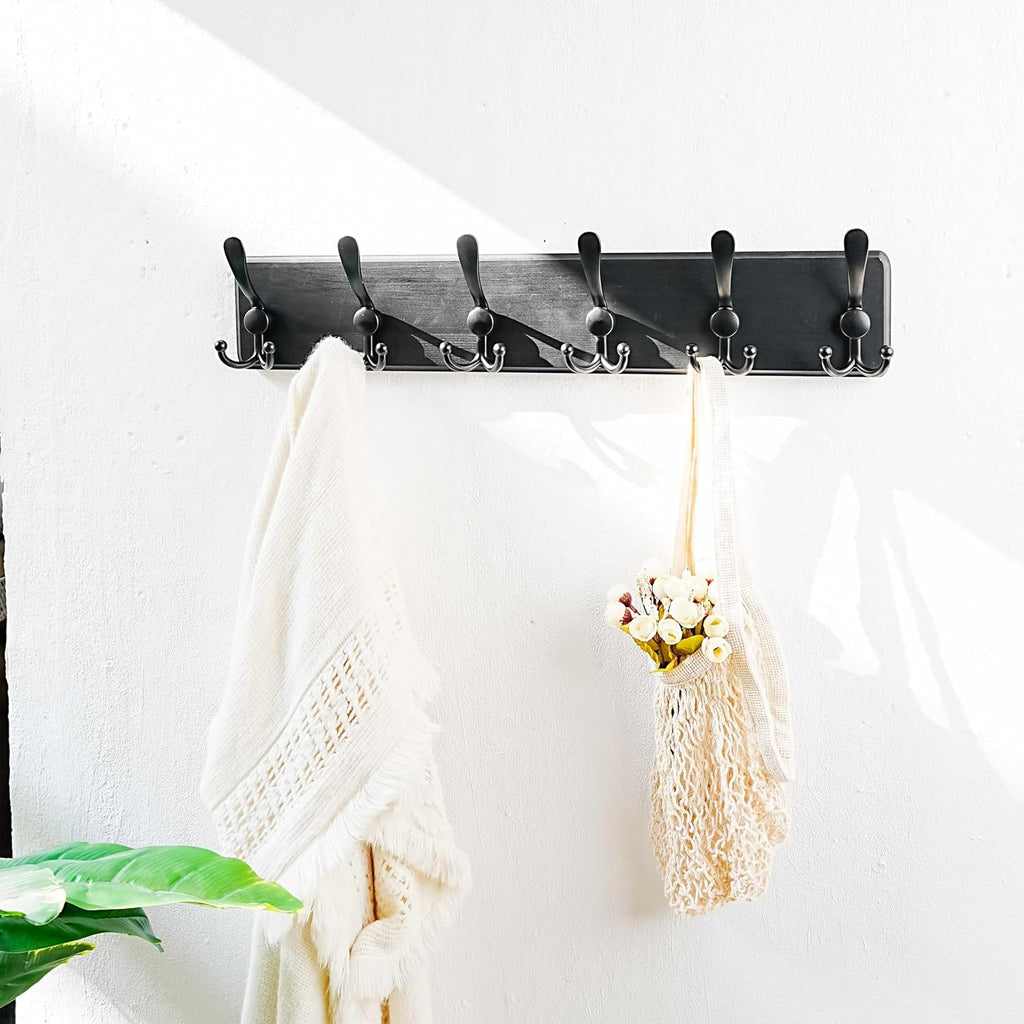 Coat Rack Wall Mounted - 24" Long 6 Tri Hooks, Heavy Duty Wooden Wall