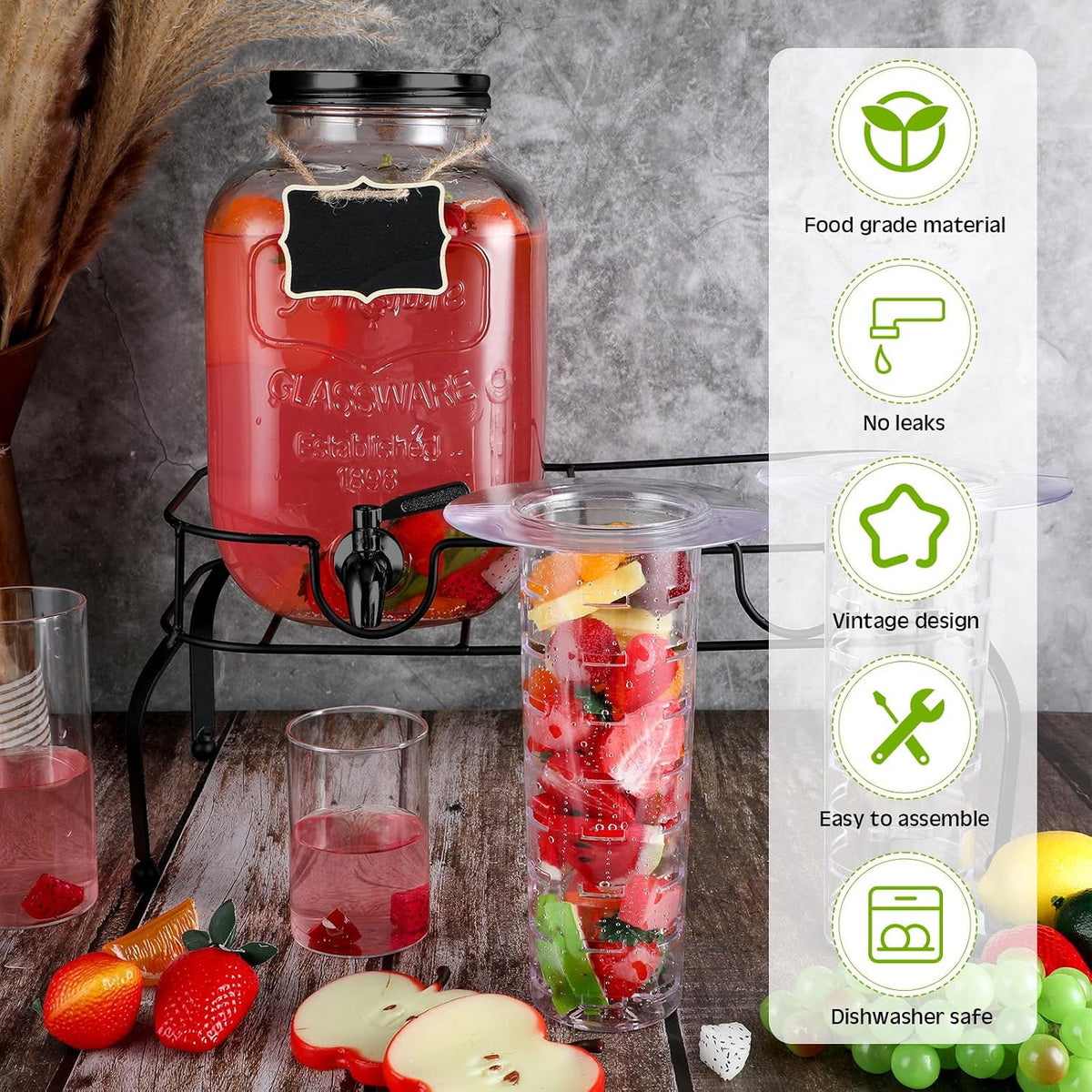 Lallisa 2 Pcs 2 Gallon Glass Drink Dispenser with Stand Ice Cylinder