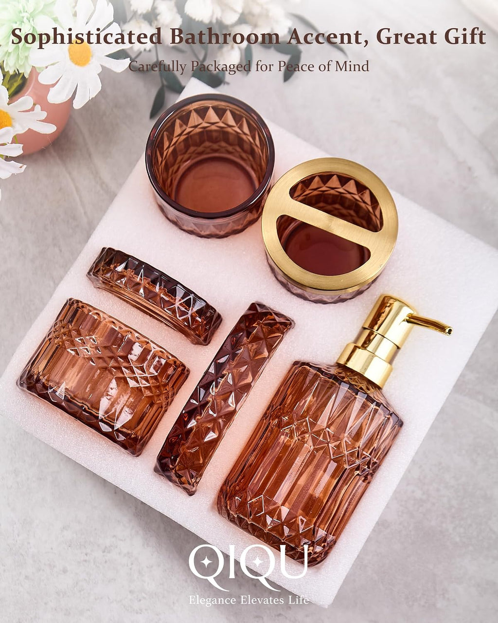 Amber 5Pcs Bathroom Accessories Set, Diamond Heavy Cut Glass Soap
