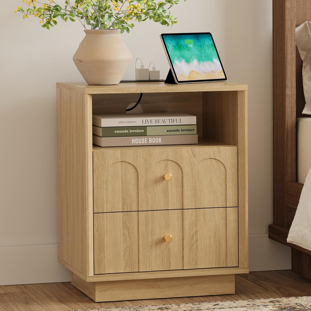 17.7" Nightstand with Charging Station, Arched Design, Oak