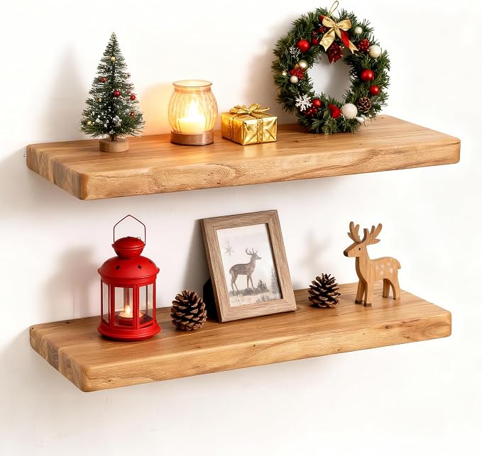 Fun Memories Rustic Solid Elm Wood Floating Shelves, 8 Inch Deep Wall Shelves by FunMemories