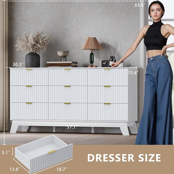 Fluted 9 Drawer Dresser, 57.1" Wide Modern Boho Chest of Drawers, Wooden - Image 2