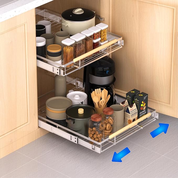 Pull Out Drawer Cabinet Organizer, Expandable Slide Out Storage Shelves by KIKIBRO