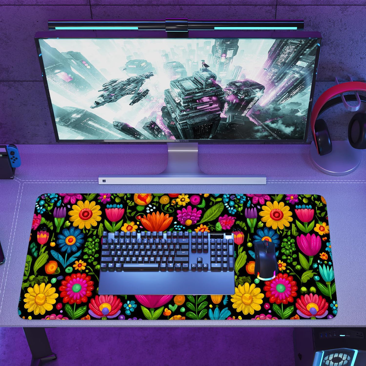 Folk Art Floral Mouse Pad – Large Extended Desk Mat 35.43 x 15.75 in