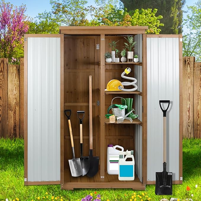 Outdoor Storage Cabinet, Wood & Metal Tall Tool Shed - Image 2