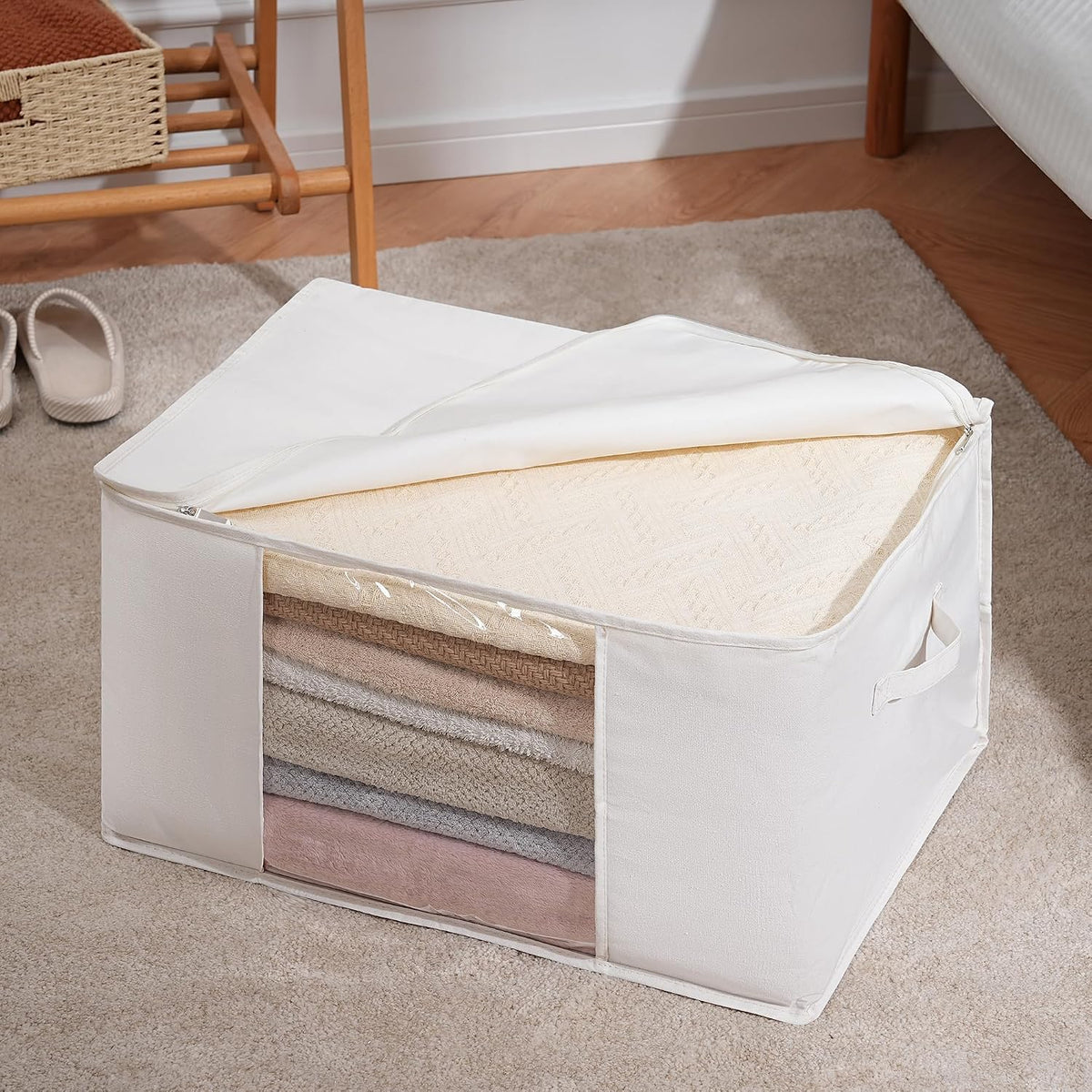 Large Storage Bags with Zipper and Clear Window, Cotton Blended Fabric