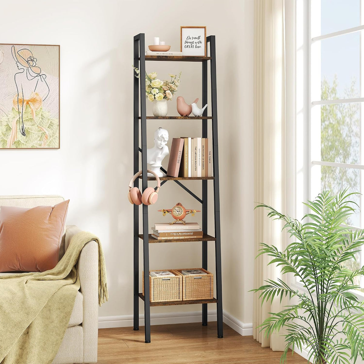 Hoctieon Industrial Ladder Bookshelf, Multifunctional Ladder Shelf