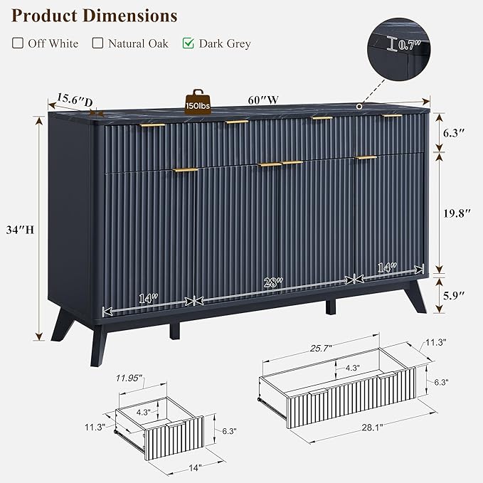 OKD 60" Fluted Buffet Sideboard Cabinet - Image 2