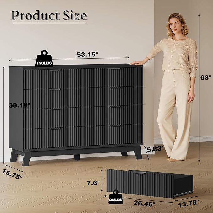 53" Tall Dresser for Bedroom, 8-Drawer Fluted Chest of Drawers, Modern Wood - Image 2