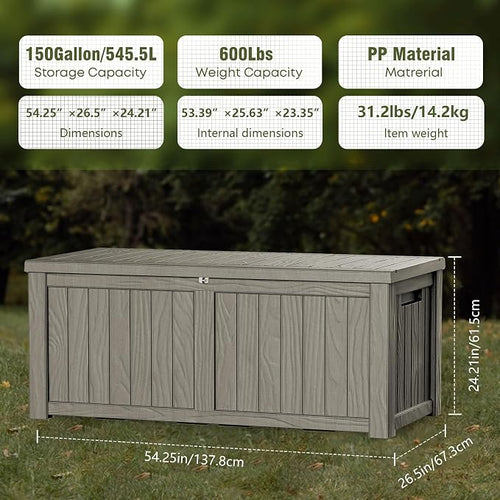 150 Gallon Deck Box, Resin Outdoor Indoor Waterproof Storage Box, Lockable - Image 2