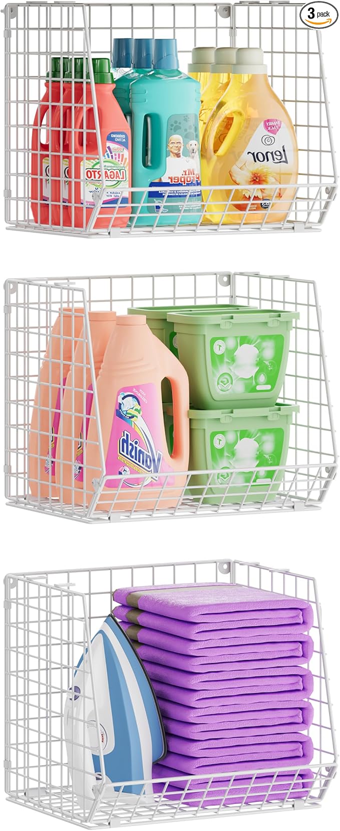 3 Pack Screw Mount Under The Wooden Shelf Laundry Room Organizer: Foldable Wire by Sonyabecca