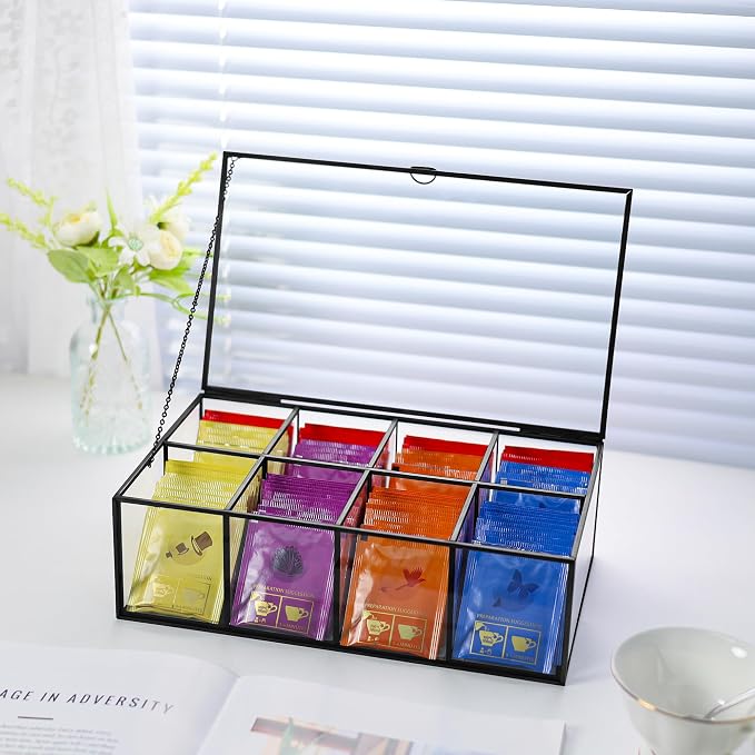 Glass Tea Bag Organizer with 8 Compartments, Handmade Large Tea Bag Storage Box - Image 4