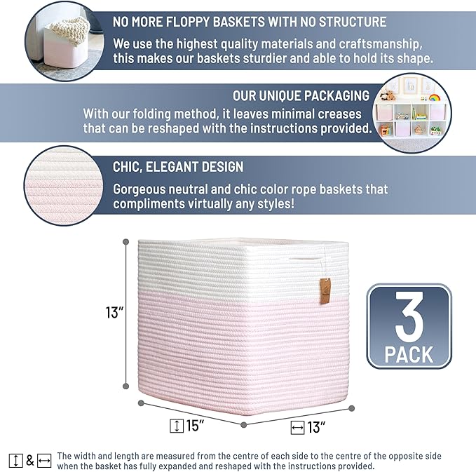 NaturalCozy 13x15x13 Kallax Storage Cubes, 3 Pack | Cotton Rope Cube Storage - Image 2
