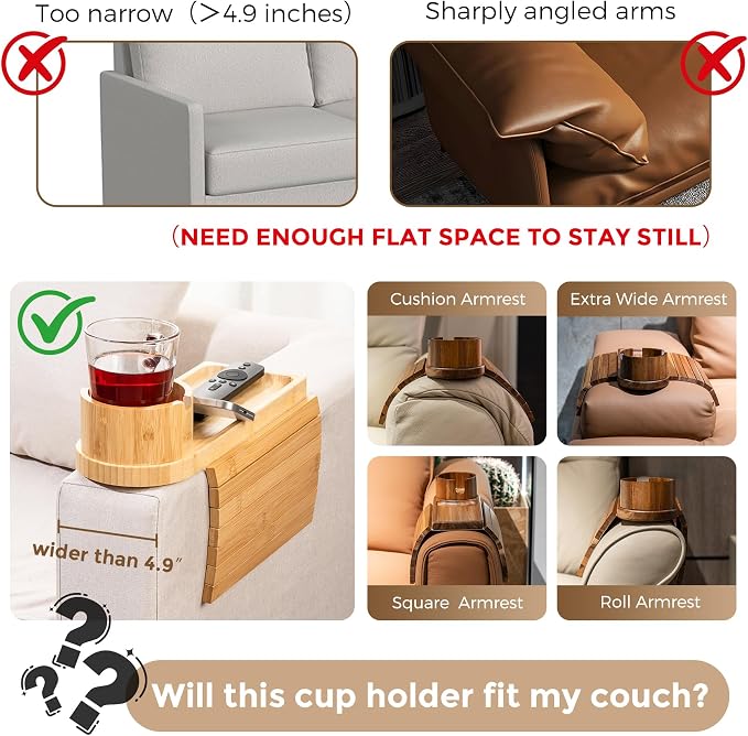 Couch Cup Holder Tray for Thin Armrest Wider Than 4.9'', Bamboo Couch Arm Tray - Image 3