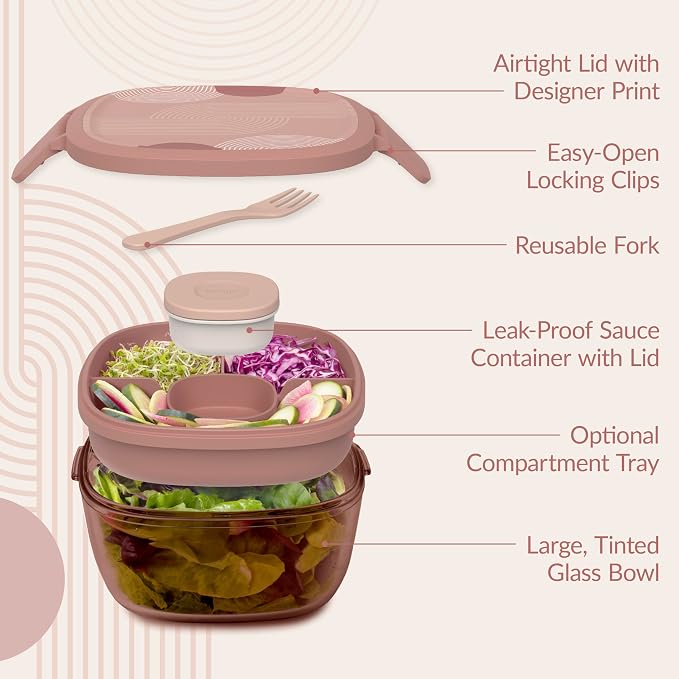 Bentgo Glass Prints All-in-One Salad Container - 61oz Tinted Glass Salad Bowl - Image 5