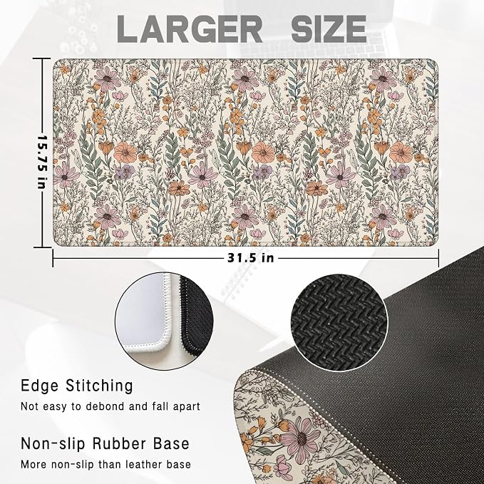Vintage Rustic Wildflower Floral Large Mouse Pad 31.5x15.7inch, Retro - Image 2