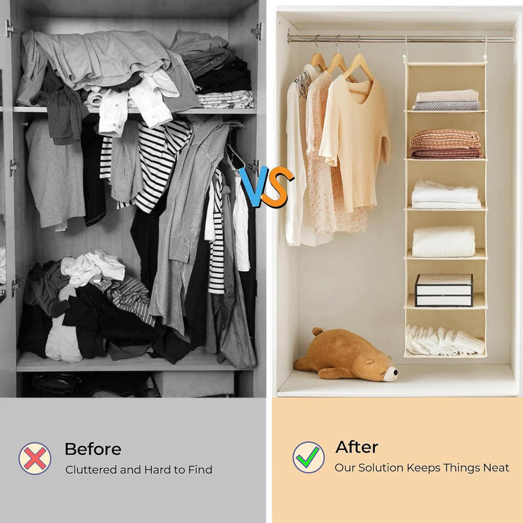 2 Pack 6 Tier Foldable Hanging Closet Organizer, Beige