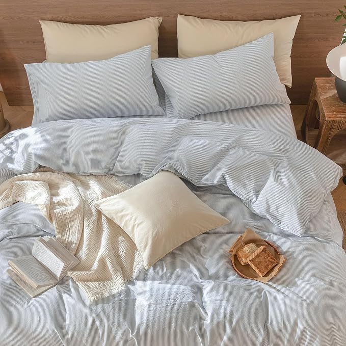MooMee Bedding Pillowcases Striped Pack of 2 100% Washed Cotton Linen Like - Image 3