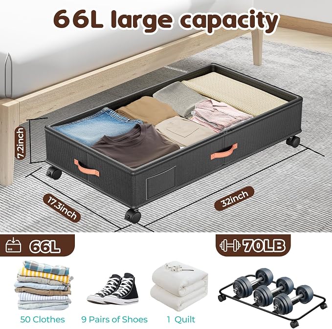 Under Bed Storage with Wheels 2-Pack, 60L Clear Lids & Labels, Rolling Storage - Image 4