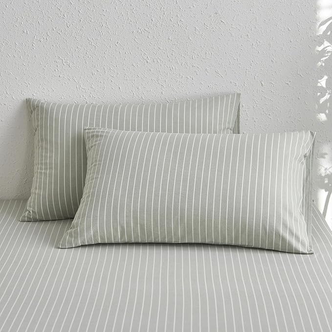 MooMee Bedding Pillowcases Striped Pack of 2 100% Washed Cotton Linen Like - Image 2