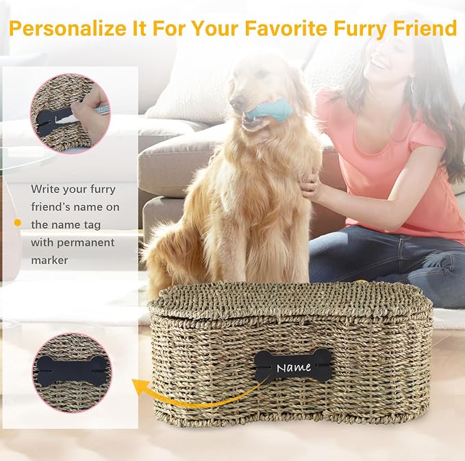 Seagrass Wicker Baskets for Dog Toys, Bone Shaped Dog Toy Bin - Image 4