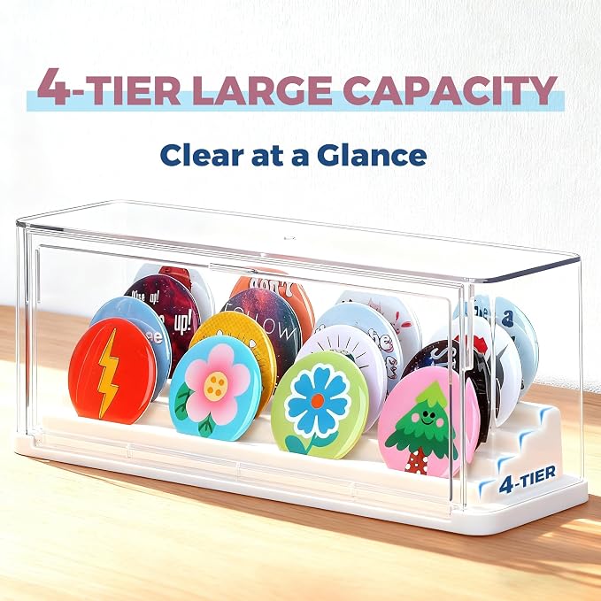 2 Pack Button Pin Display Case – 4-Tier Clear Badge Storage Box, Stackable - Image 3