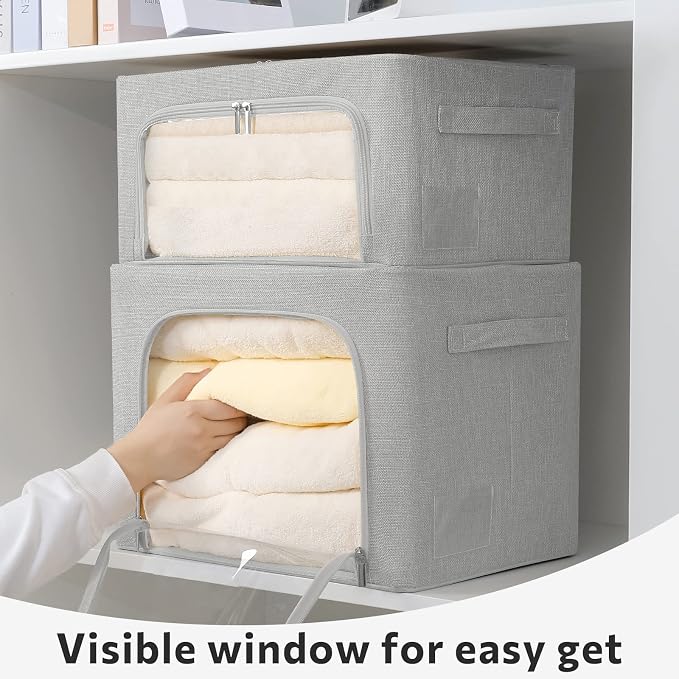 FHSQX 2 Pack Clothes Storage Bins Stackable Metal Frame Storage Box Foldable - Image 5