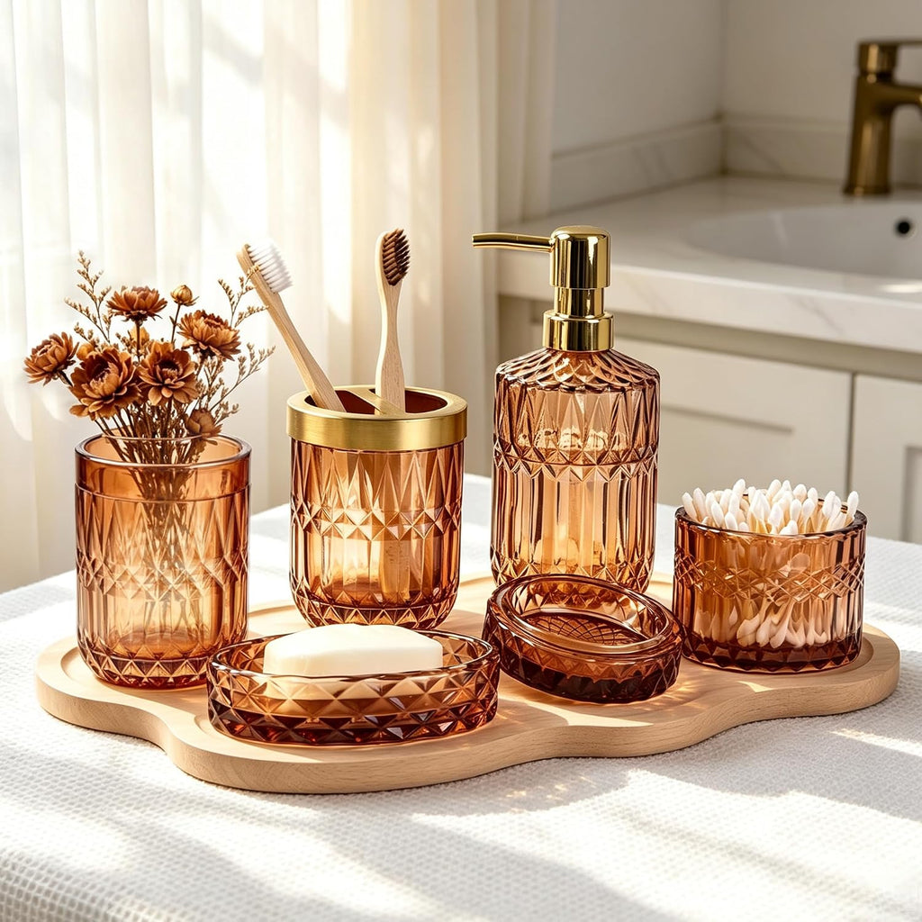 Amber 5Pcs Bathroom Accessories Set, Diamond Heavy Cut Glass Soap