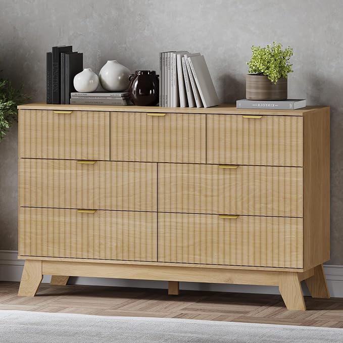 Fluted 7 Drawer Dresser, 47.2" Wide Modern Boho Chest of Drawers, Wooden by BORNOON