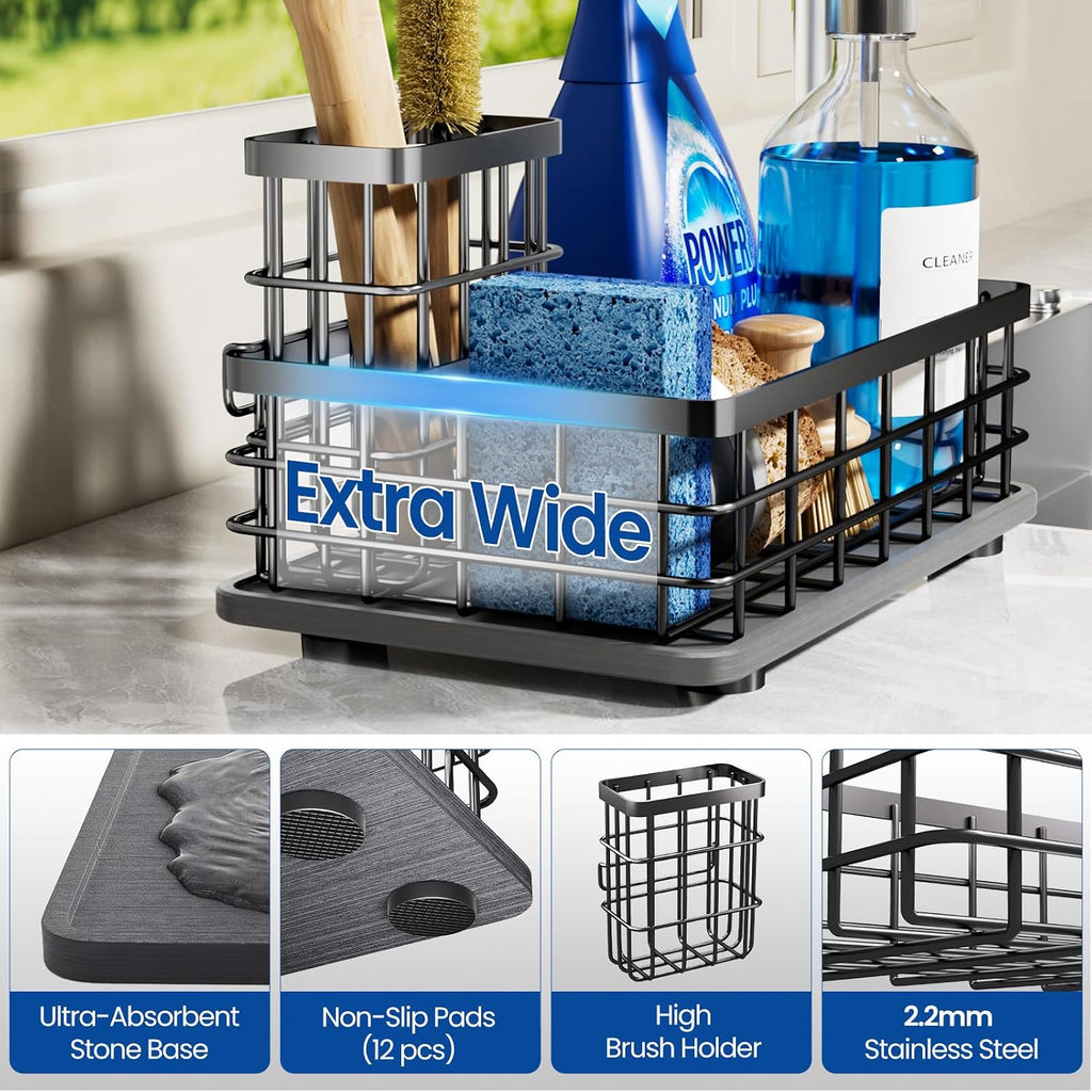 Extra Large Sink Caddy with Drying Stone, Sponge & Brush Holder for