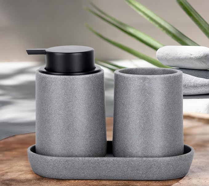 Grey Bathroom Accessories Set, Sandstone Look Soap Dispenser - Image 8