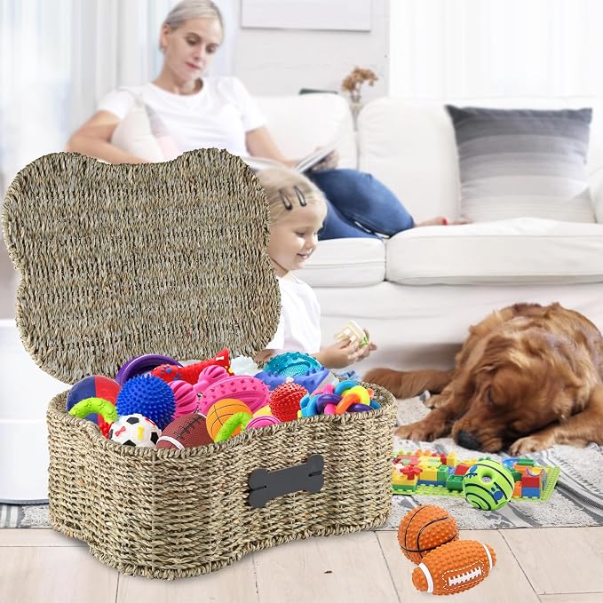 Seagrass Wicker Baskets for Dog Toys, Bone Shaped Dog Toy Bin - Image 5