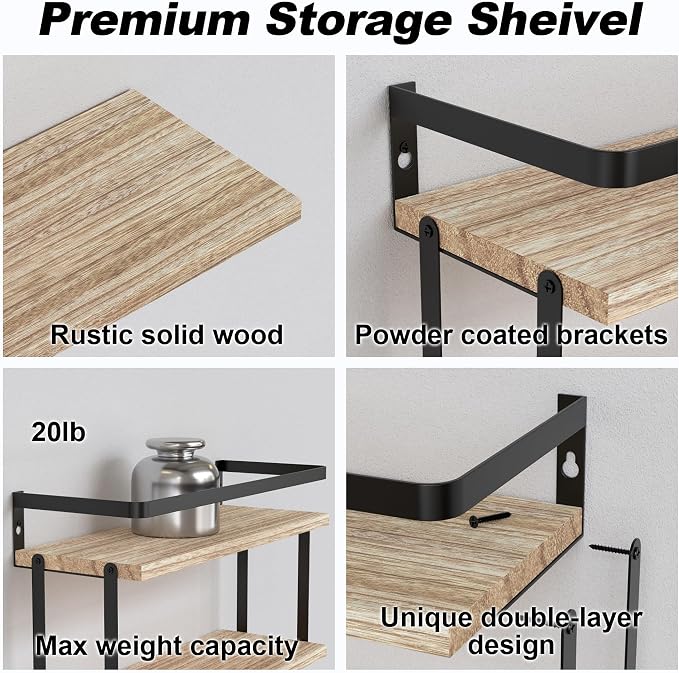 RICHER HOUSE Dual-Level Guardrail Floating Shelves, Rustic Wood Shelf Wall - Image 3