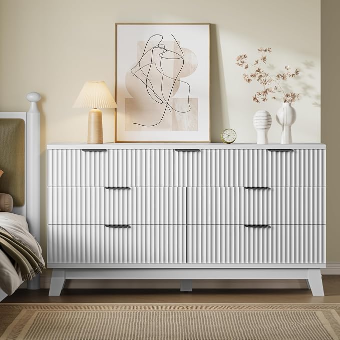 57" Long Dresser for Bedroom, 7-Drawer Fluted Chest, Wide Wood Storage Dresser - Image 4