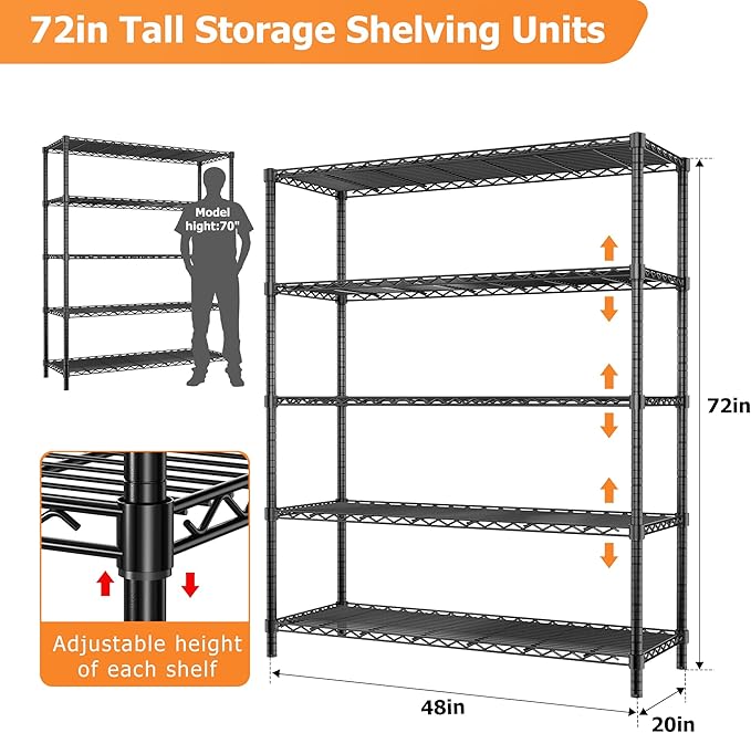 Storage Shelves Heavy Duty, 5-Tier Adjustable Metal Utility Shelf, Wire Shelf - Image 2
