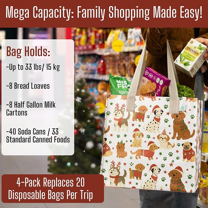 VENO 4 Pack Christmas Reusable Grocery Bags, Heavy-Duty Shopping Bags - Image 4