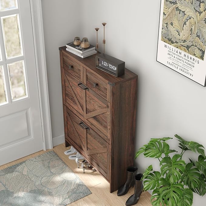 Shoe Cabinet with 2 Flip Drawers & 2 Drawers, Farmhouse Shoe Storage Cabinet - Image 7
