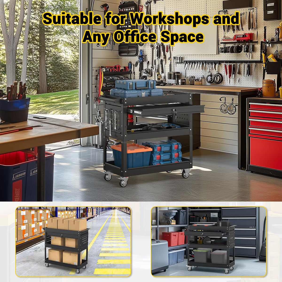 3 Tier Rolling Tool Cart on Wheels, 550 LBS Tool Cart with