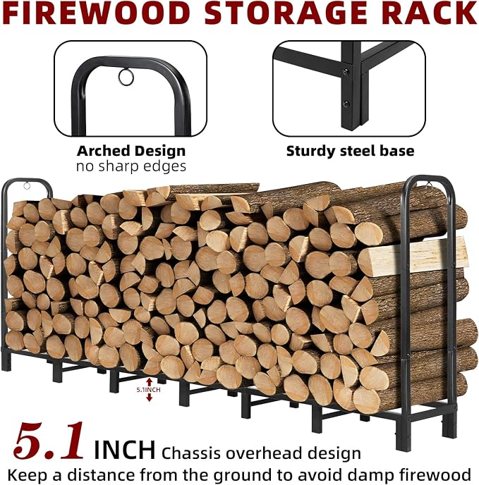 8FT Firewood Rack Holder, Heavy Duty Firewood Storage Log Rack - Image 2