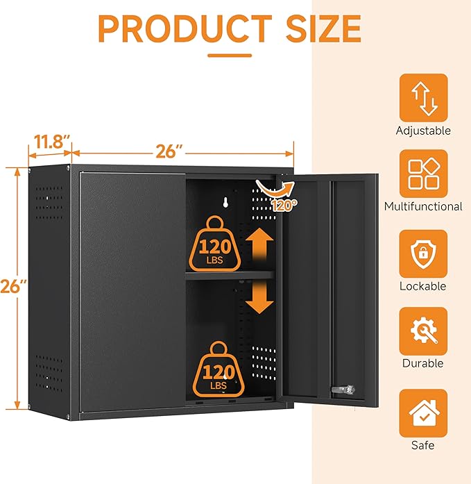 Metal Garage Wall Cabinet with 2 Doors and 1 Adjustable Shelf, Lockable - Image 2