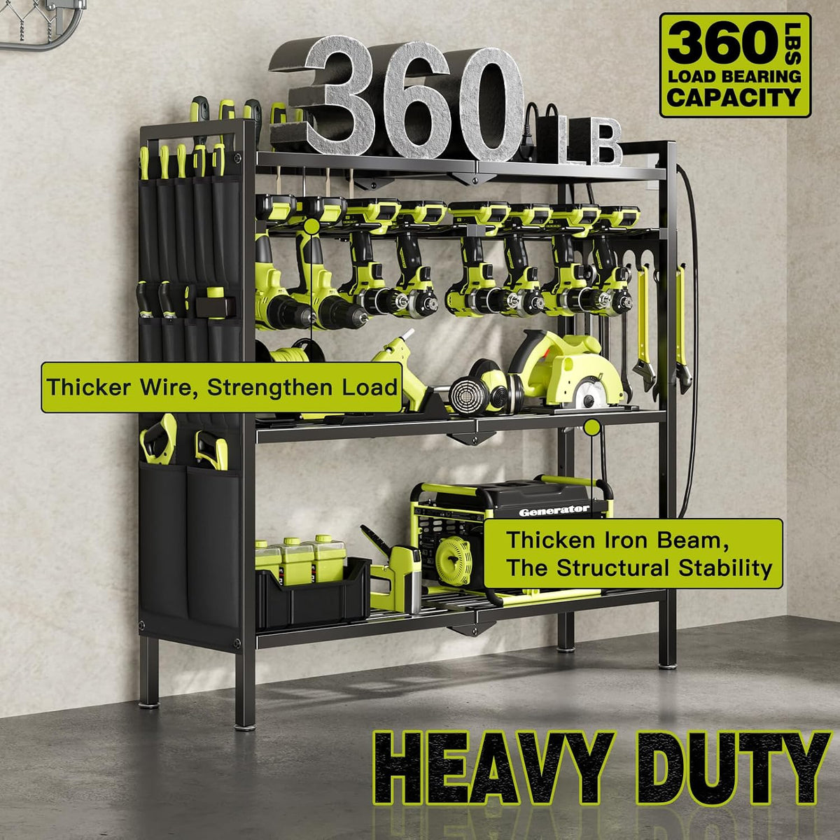 Power Tool Organizer Cart with Charging Station, 8 Drills, Black