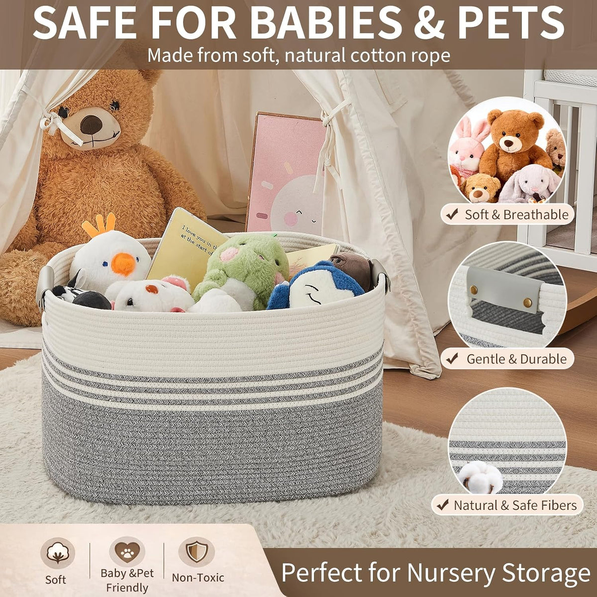 Laundry Hamper with Handles, 72L Rope Laundry Basket, Grey & White