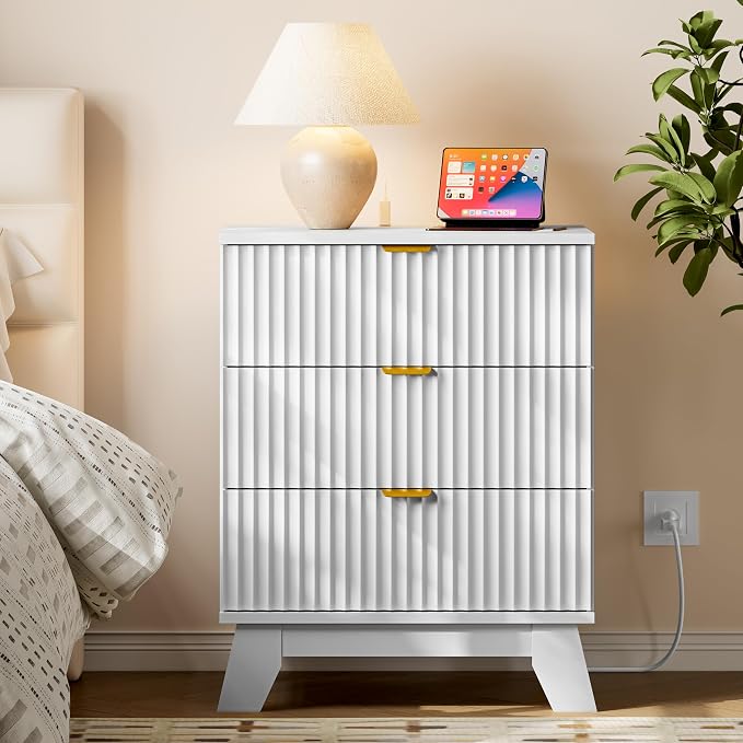 30.5" Nightstand with Charging Station, 3-Drawer Fluted Bedroom Chest, Wood - Image 3