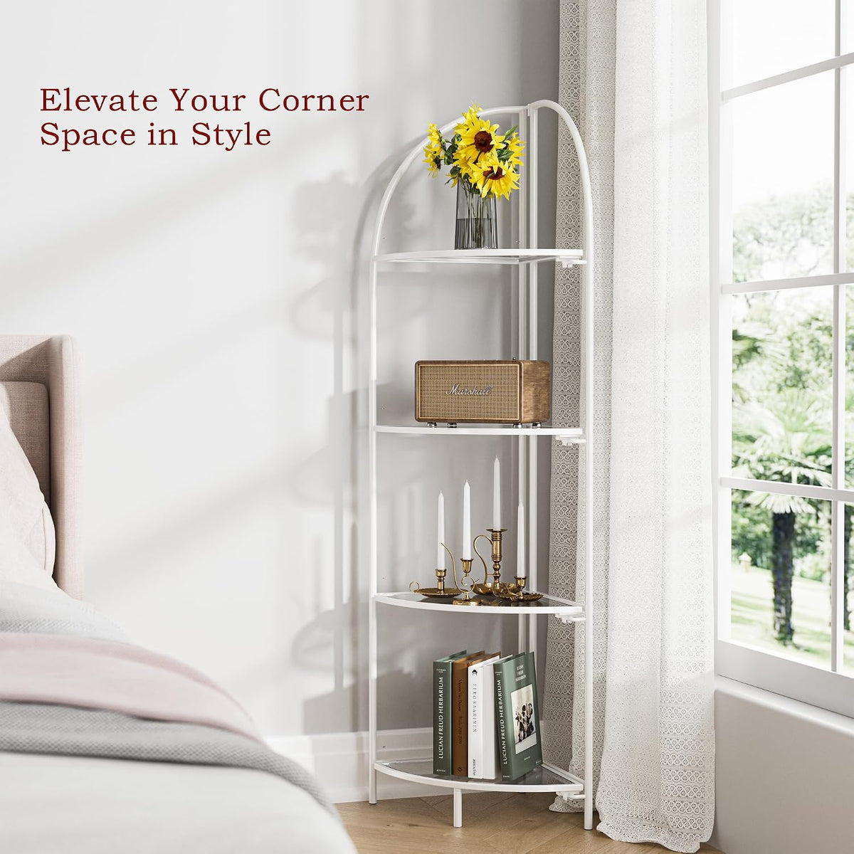 4-Tier Foldable Corner Shelf, Metal White Frame & Transparent Shelves