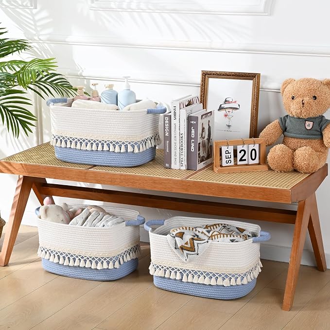 3 Pack Storage Basket for Shelves, Boho Cotton Rope Storage Bins - Image 5