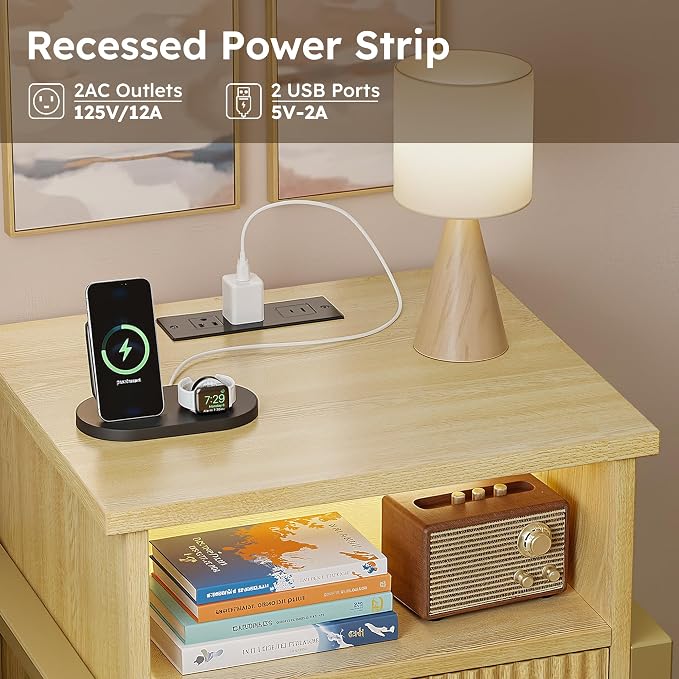 Fluted Nightstand with Charger Station Strip Lights, Large Accent Bed Side - Image 5