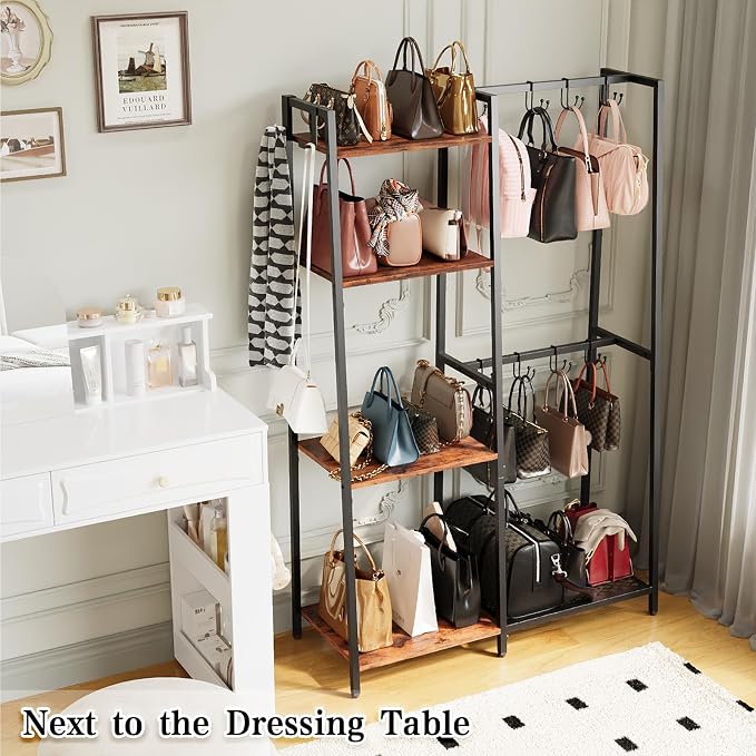 Purse Storage Organizer for Closet, 4-Tier Iron Wood Purse Rack, 8 Purse Hooks - Image 7