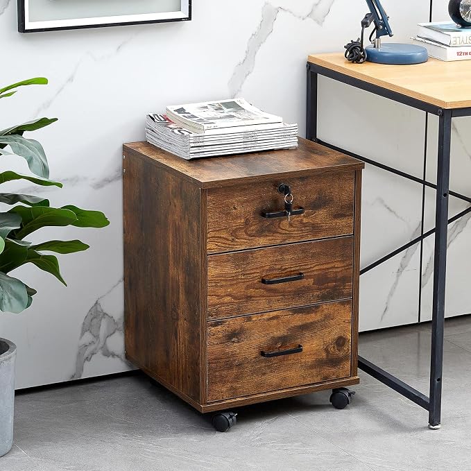 File Cabinet with Lock 3 Drawer Mobile Filing Cabinet with 360° Swivel Wheels by OFCASA